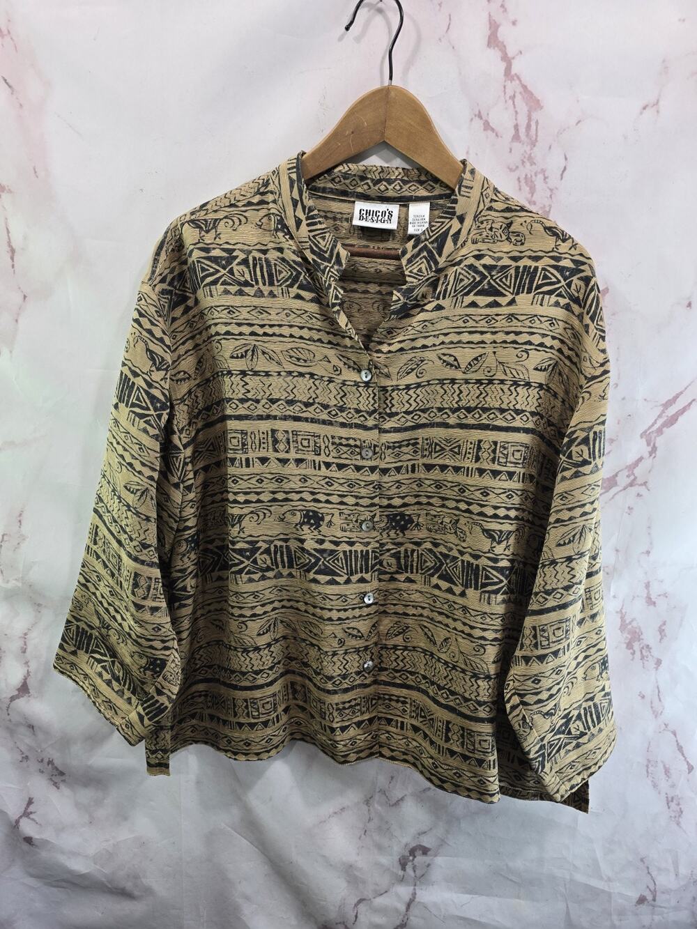 Chicos Shirt Womens XL 3 Brown Button Up Linen Silk Fish Folk Art Oversized